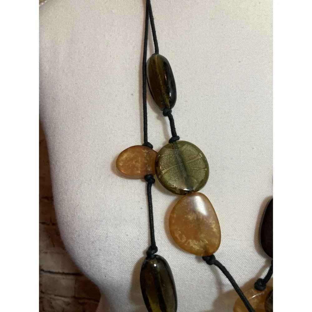 Boho Long Cord Necklace Mixed Resin Beads Artsy Brown Olive Modern Earthy Ethnic